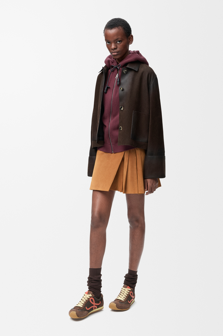 LOEWE Pleated mini skirt in suede lambskin Toffee