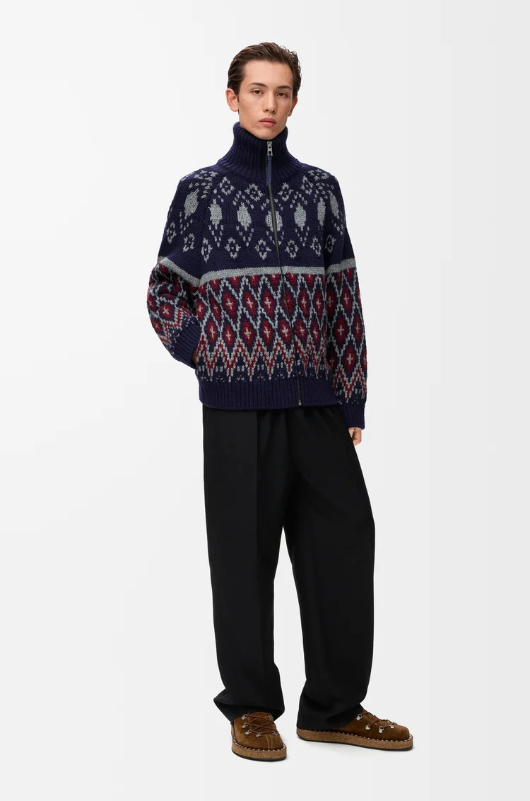 LOEWE Cardigan zippé en laine Bleu Marine/Gris