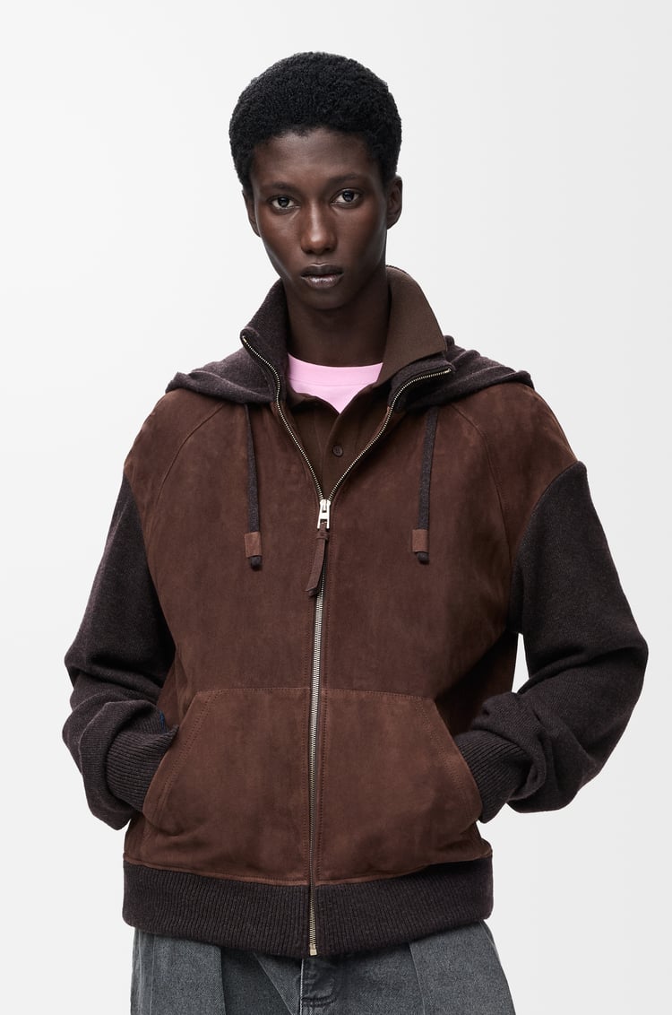 LOEWE ハイブリッド ジップアップ フーディー（スエードゴート&ウールブレンド） ダークブラウン