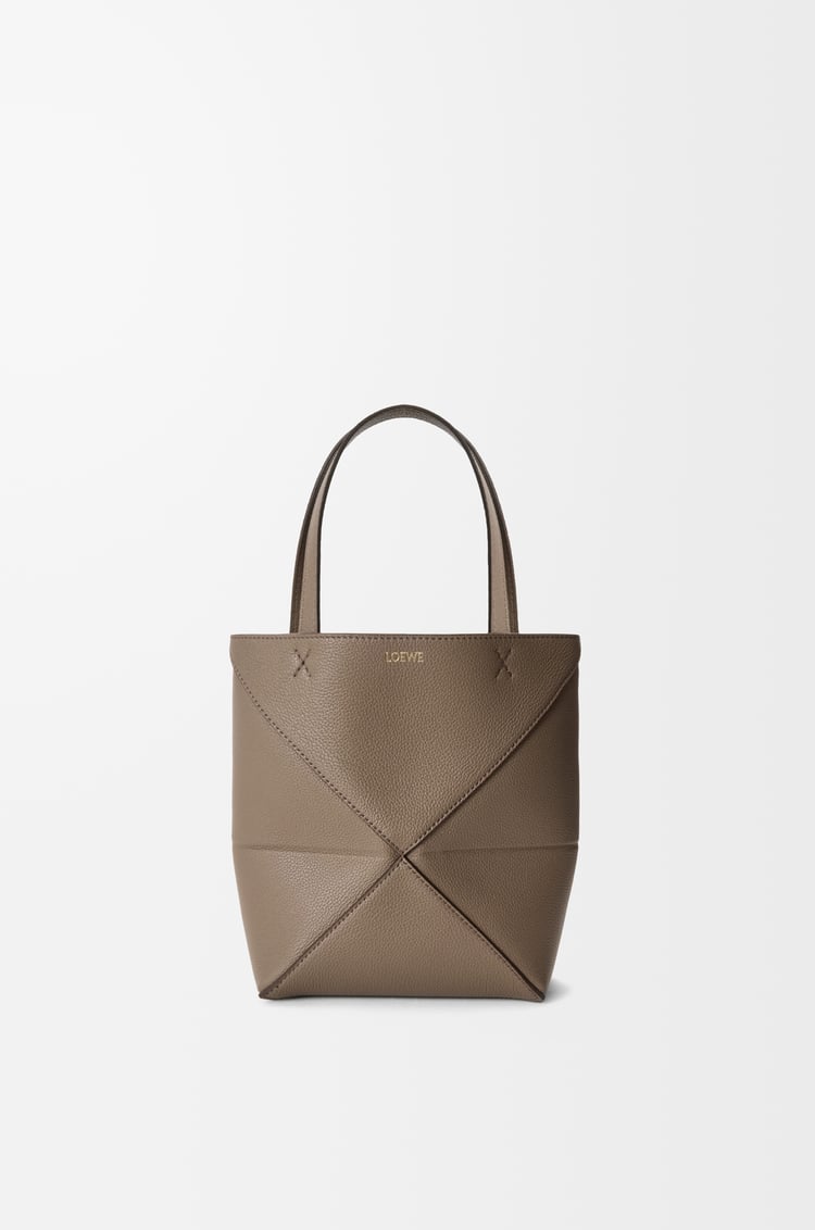 LOEWE Mini Puzzle Fold Tote aus weichem, genarbtem Kalbsleder Taupe