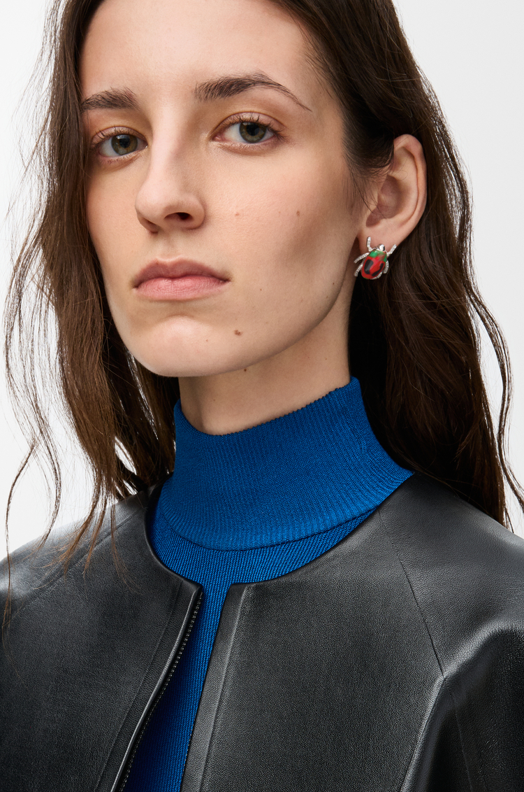 LOEWE Pendientes Scarabeo en plata de ley y esmalte con adornos de cristal Plateado/Rojo