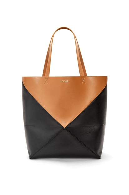 LOEWE Large Puzzle Fold Tote in shiny calfskin 黑色/暖沙色