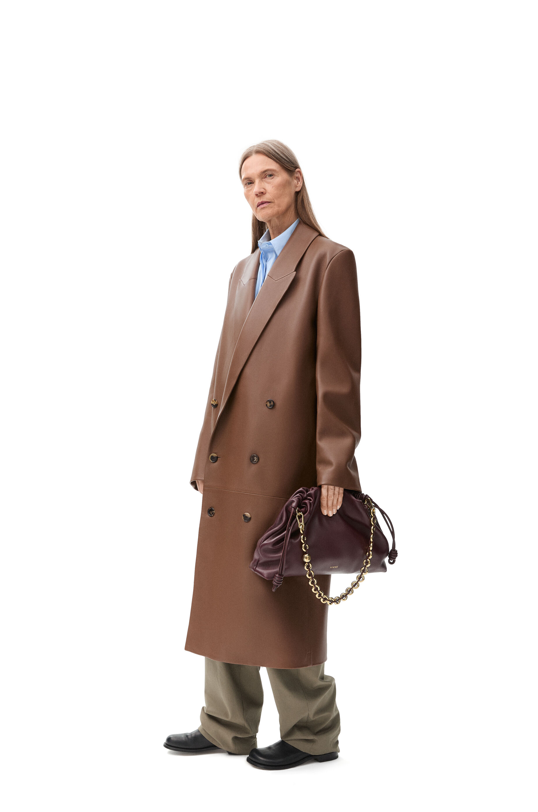 Double breasted coat in nappa lambskin Winter Brown LOEWE