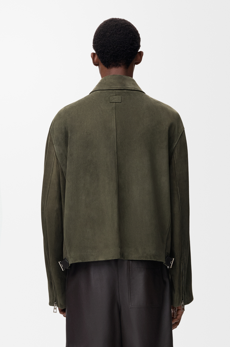 LOEWE Giacca con zip in pelle di agnello scamosciata Verde Kaki