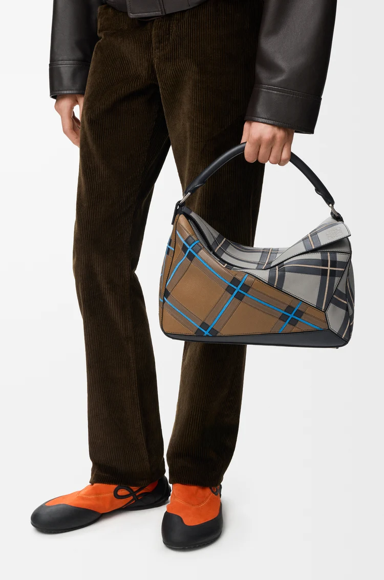 LOEWE Large Puzzle bag in check intarsio Bronze/Grey