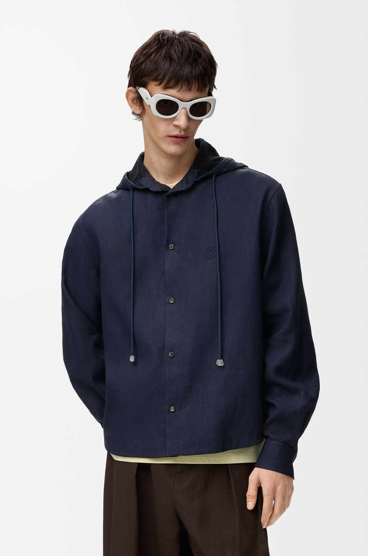 LOEWE Camisa con capucha en algodón y lino Azul Marino/Negro