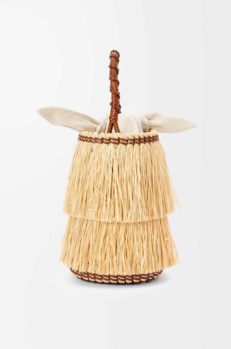 LOEWE Bolso Frayed Bucket en rafia y piel de ternera Natural/Bronceado