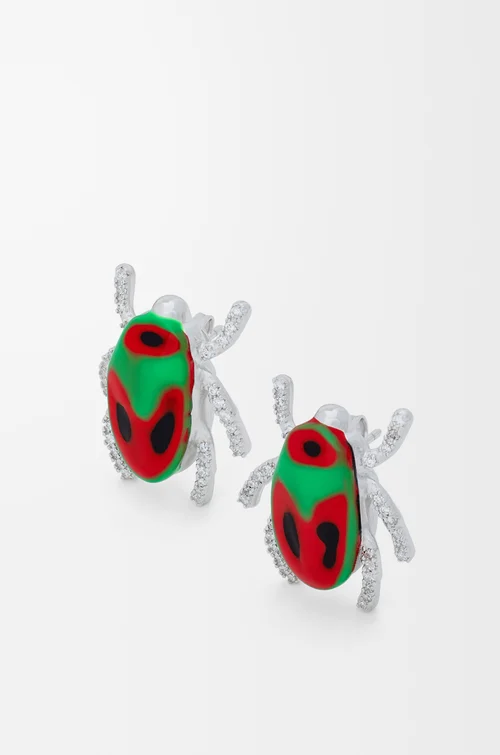 LOEWE Pendientes Scarabeo en plata de ley y esmalte con adornos de cristal Plateado/Rojo
