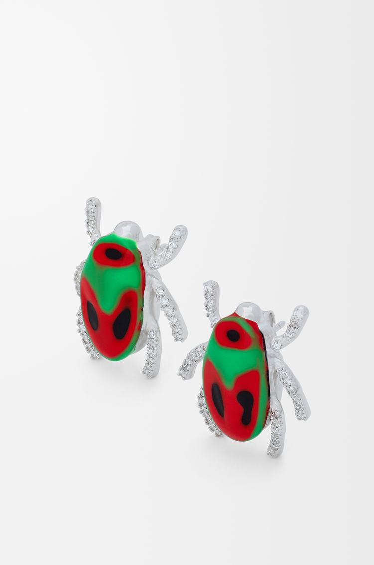 LOEWE Pendientes Scarabeo en plata de ley y esmalte con adornos de cristal Plateado/Rojo
