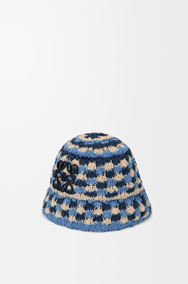 LOEWE Patch crochet bucket hat in raffia and calfskin Navy/Sky Blue