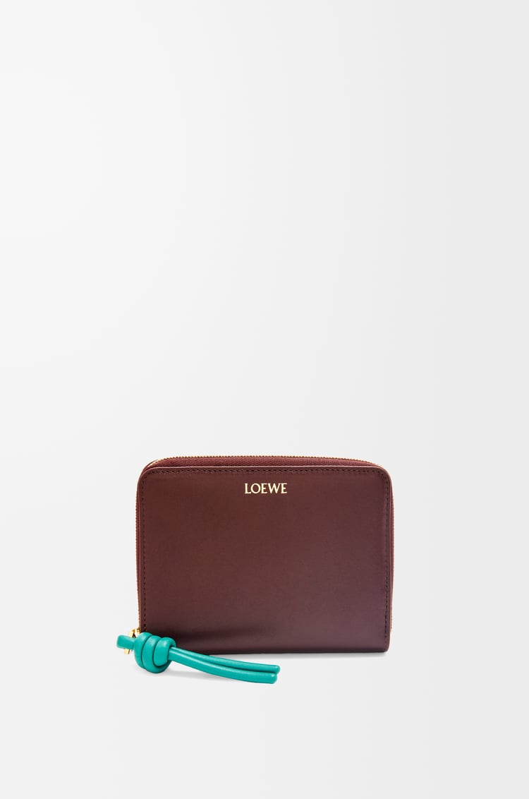 LOEWE Knot compact zip around wallet in shiny nappa calfskin Burgundy/Emerald