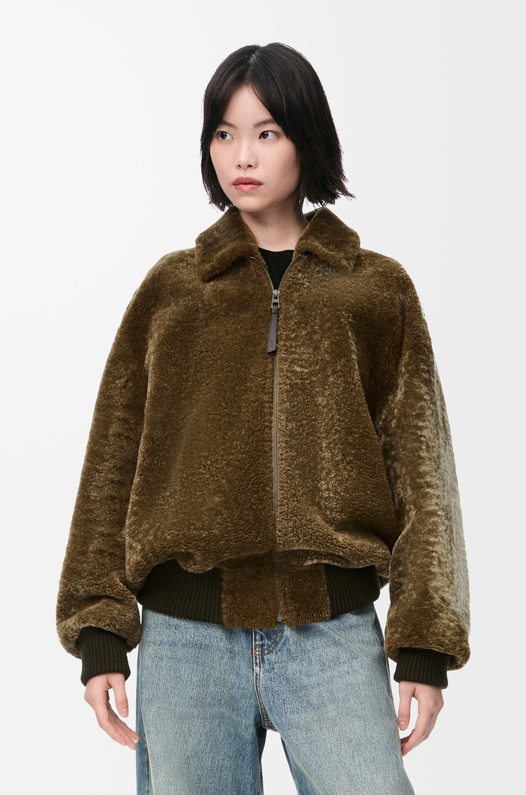 LOEWE 剪羊毛拉链夹克 卡其绿色