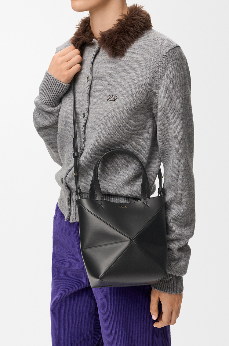 LOEWE Borsa tote Puzzle Fold mini in pelle di vitello lucida Nero