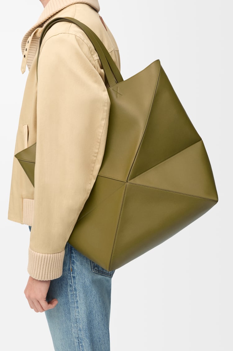 LOEWE XL Puzzle Fold tote in shiny calfskin Olive