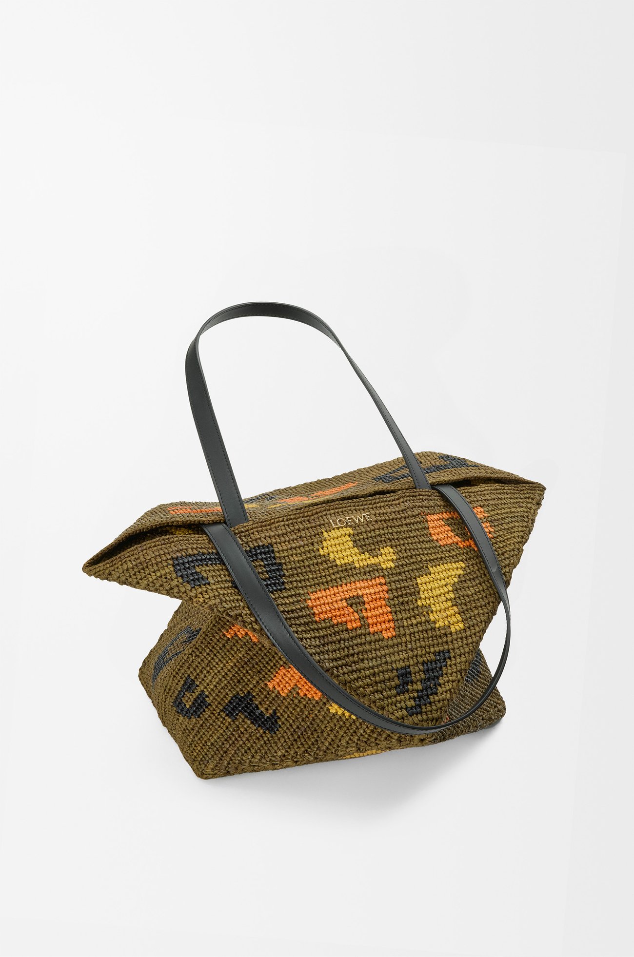 LOEWE Large Puzzle Fold tote in raffia and calfskin Olive Green