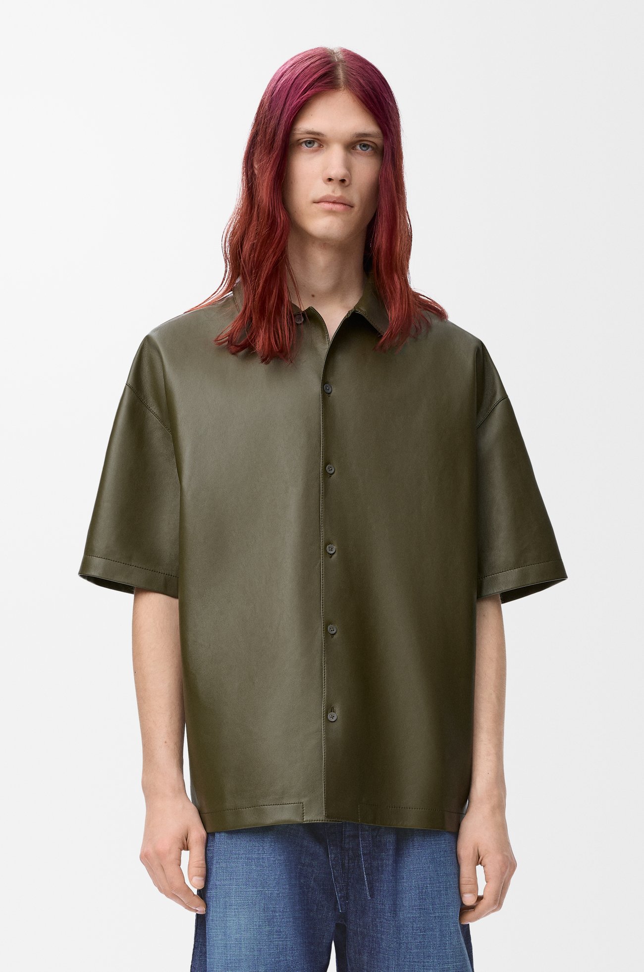 LOEWE Chemise à manches courtes en cuir d'agneau nappa Vert Kaki