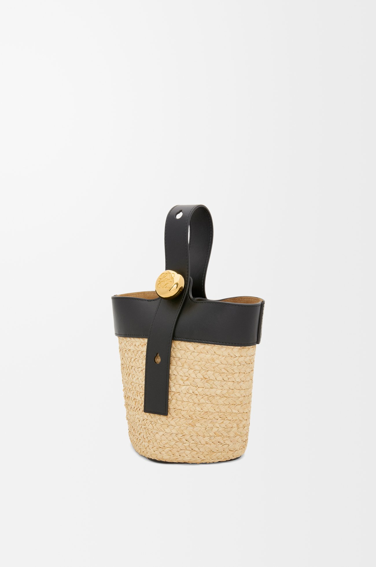 LOEWE Mini Pebble bucket in raffia and calfskin Natural/Black
