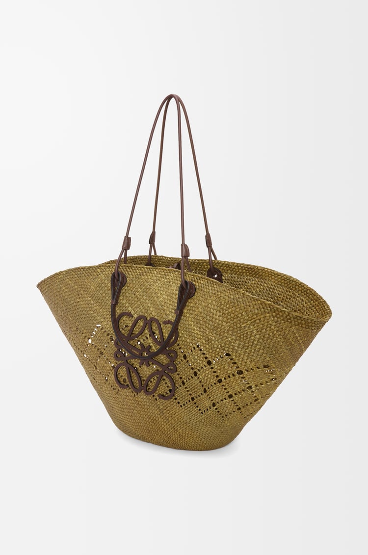 LOEWE Large Anagram Basket bag in iraca palm and calfskin Olive/Chestnut