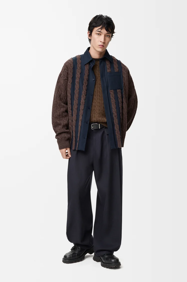 LOEWE Camisa híbrida en lana y algodón Azul Marino/Marrón