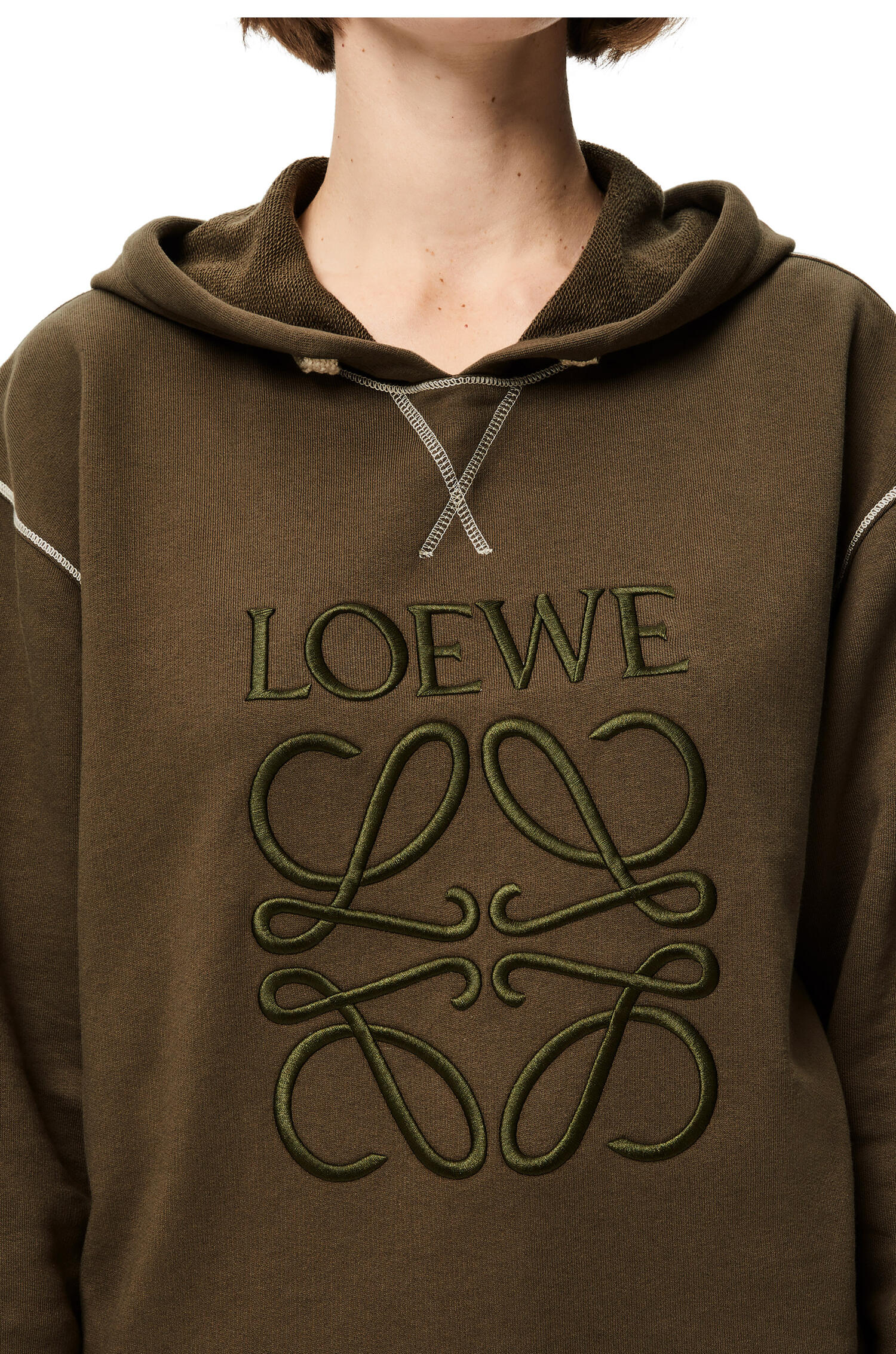 LOEWE anagram embroidered hoodie in cotton Khaki Green - LOEWE