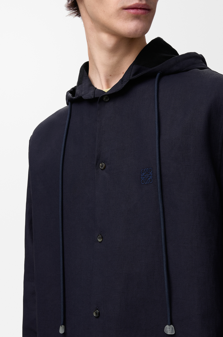 LOEWE Camisa con capucha en algodón y lino Azul Marino/Negro