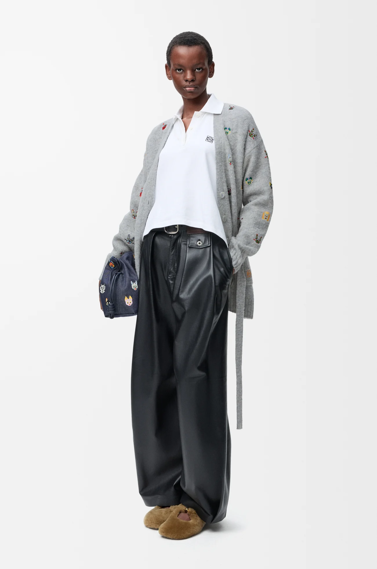 LOEWE Cárdigan con cinturón en lana Gris/Multicolor