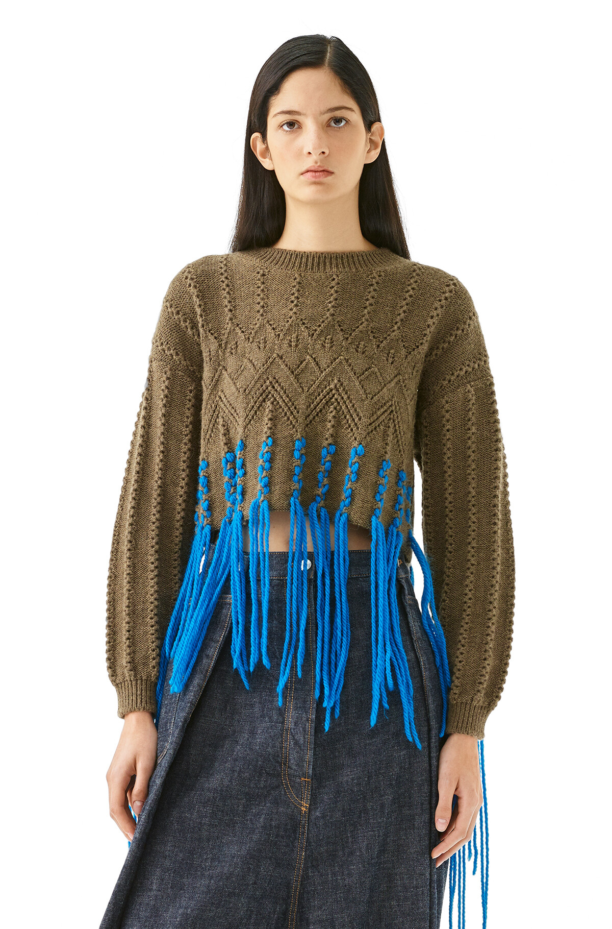 Cropped Woven Fringe Sweater Khaki Green/Blue - LOEWE