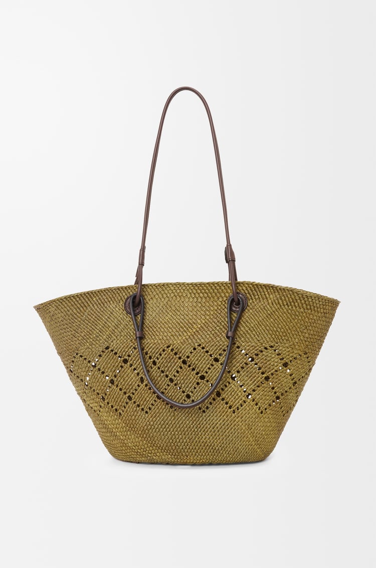 LOEWE Medium Anagram Basket bag in iraca palm and calfskin Olive/Chestnut