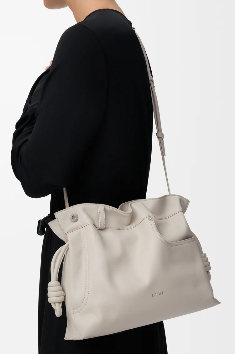 LOEWE Panta medium Flamenco clutch in shiny calfskin Light Ghost