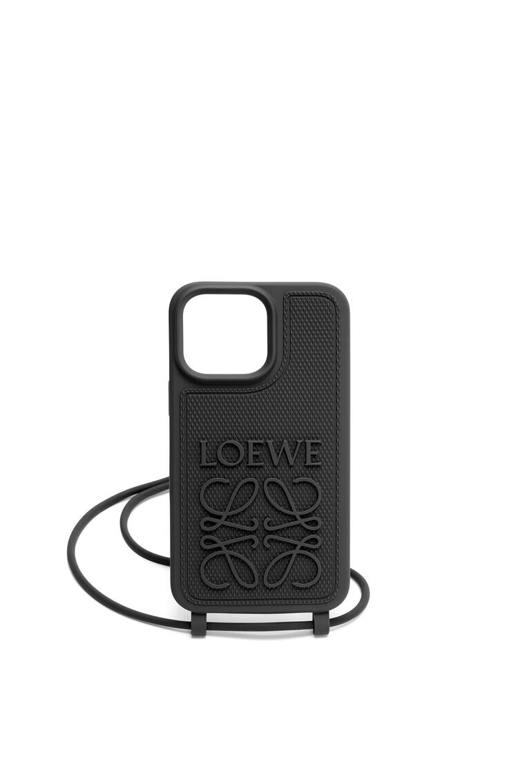 LOEWE iPhone 14 Pro Max 菱形紋理橡膠保護殼飾揹帶 黑色