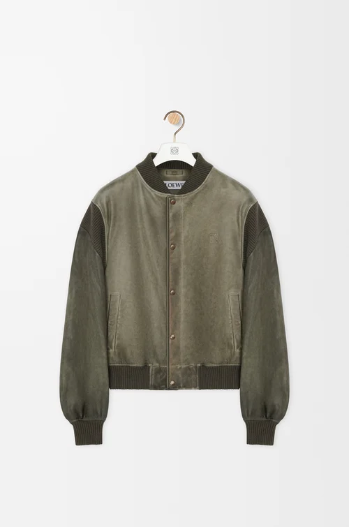 LOEWE Chaqueta bomber en piel napa de cordero Verde Caqui