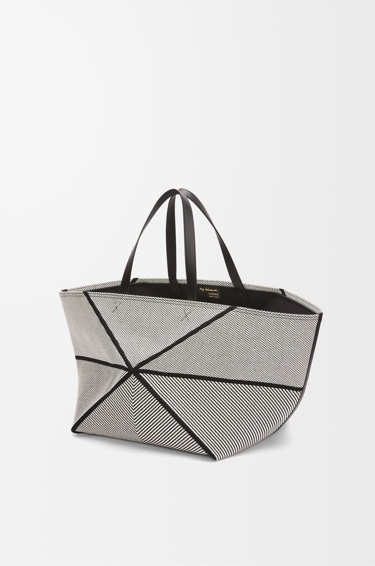 LOEWE XXL Puzzle Fold tote in canvas jacquard and calfskin Natural/Black