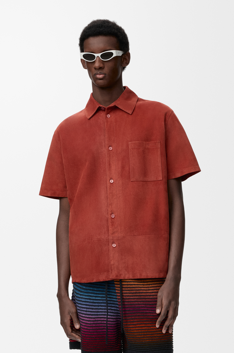 LOEWE 麂皮山羊皮短袖襯衫 深橘色