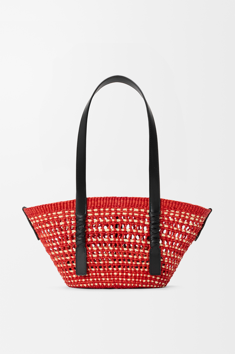 LOEWE Small Braid basket in iraca palm and calfskin Red/Natural