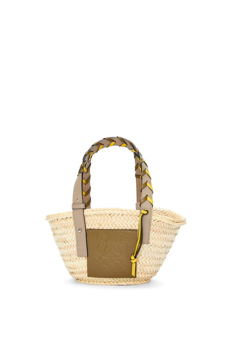 LOEWE Small Basket bag in palm leaf with a braided handle in calfskin Olive/Sand
