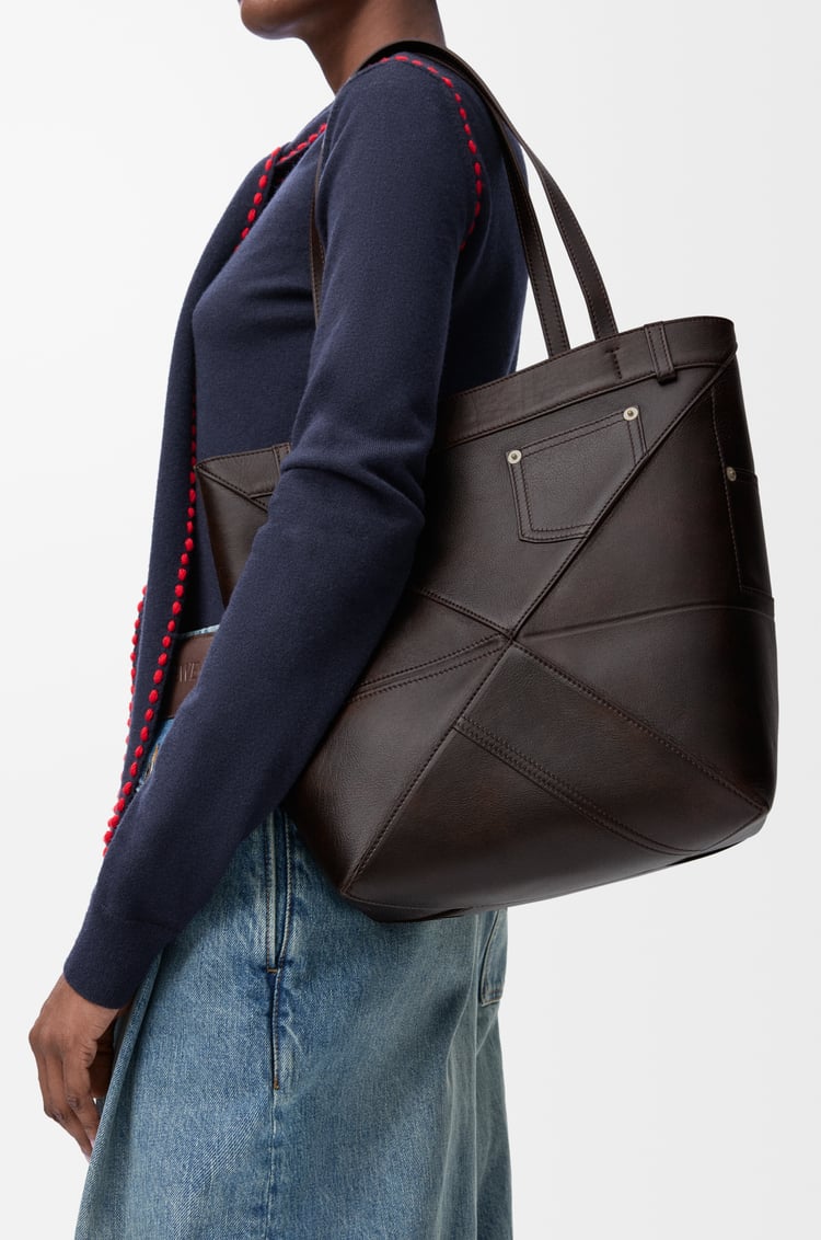 LOEWE Panta medium Puzzle Fold tote in shiny calfskin Vintage Brown