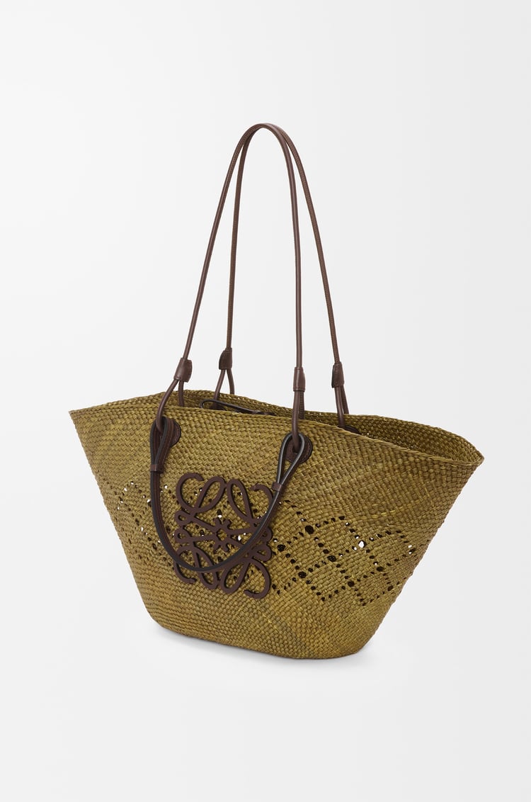 LOEWE Medium Anagram Basket bag in iraca palm and calfskin Olive/Chestnut