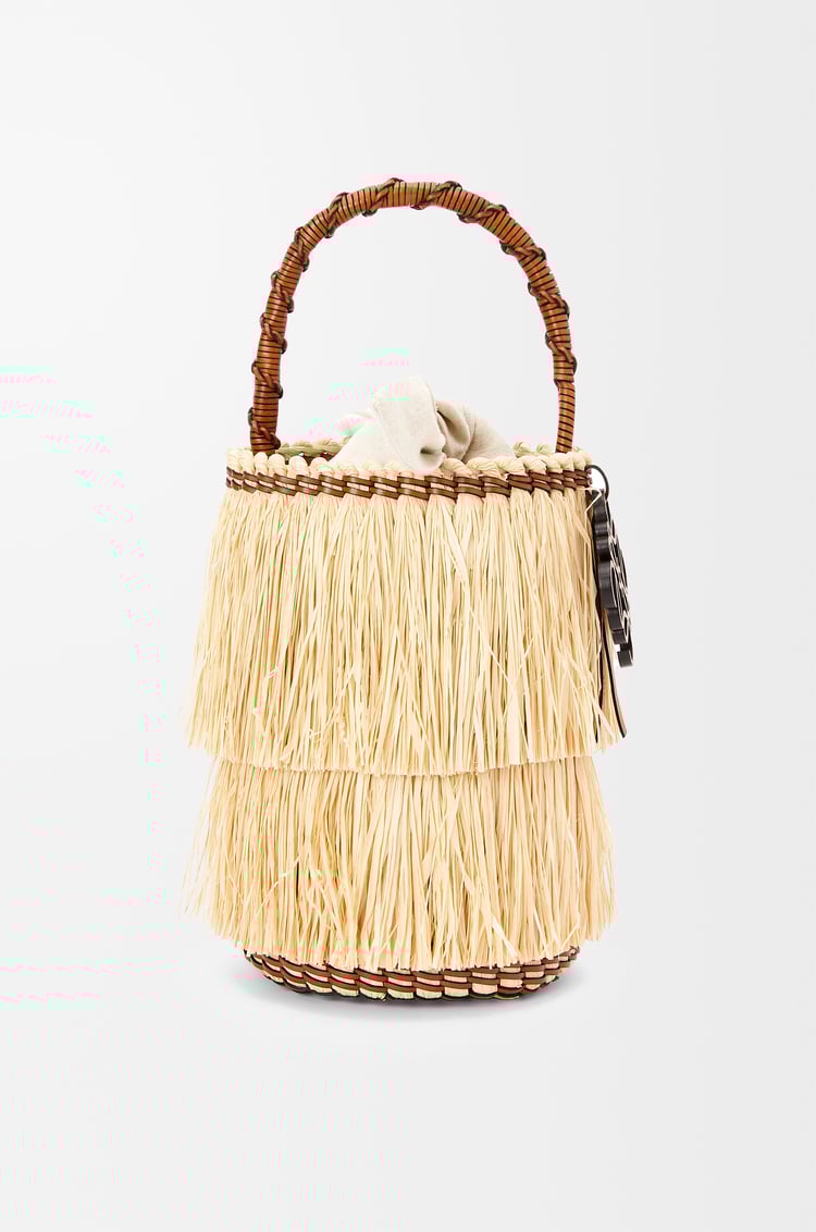 LOEWE Bolso Frayed Bucket en rafia y piel de ternera Natural/Bronceado