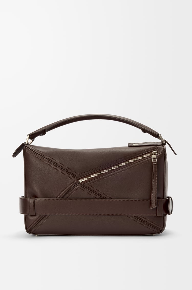 LOEWE Large Puzzle Biker bag in shiny calfskin Dark Brownie
