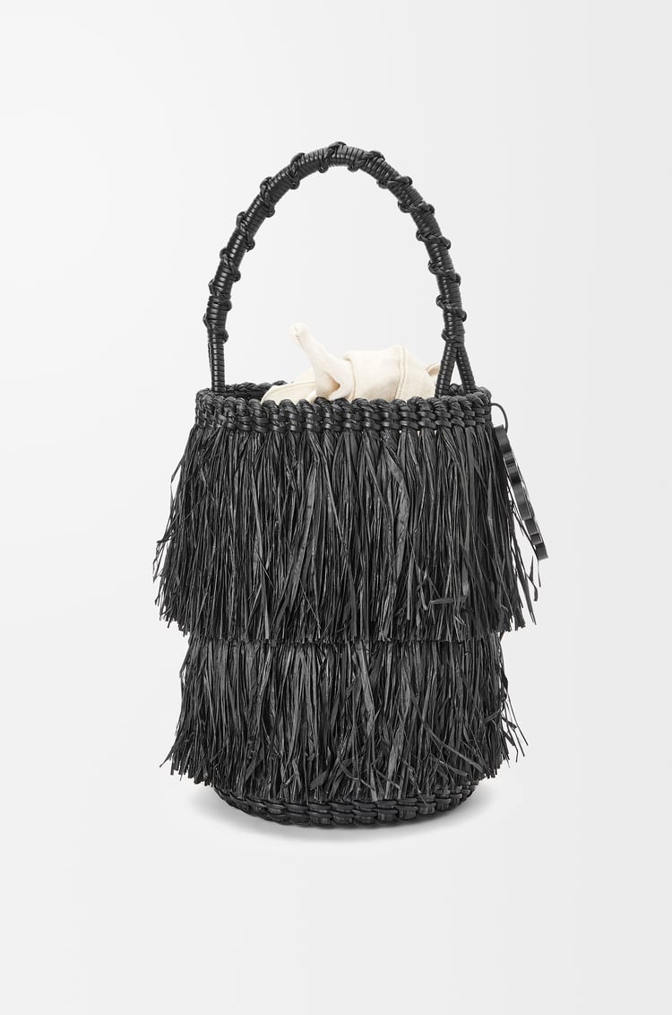 LOEWE Bolso Frayed Bucket en rafia y piel de ternera Negro
