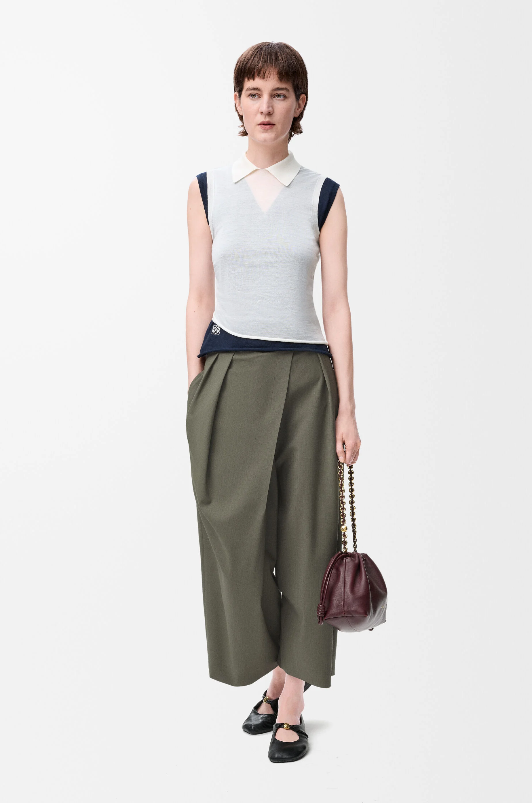 【25AW NEW】LOEWE_women / ウール クロップドラップパンツ クロップド ラップ トラウザーズ(ウール) グリーン - LOEWE