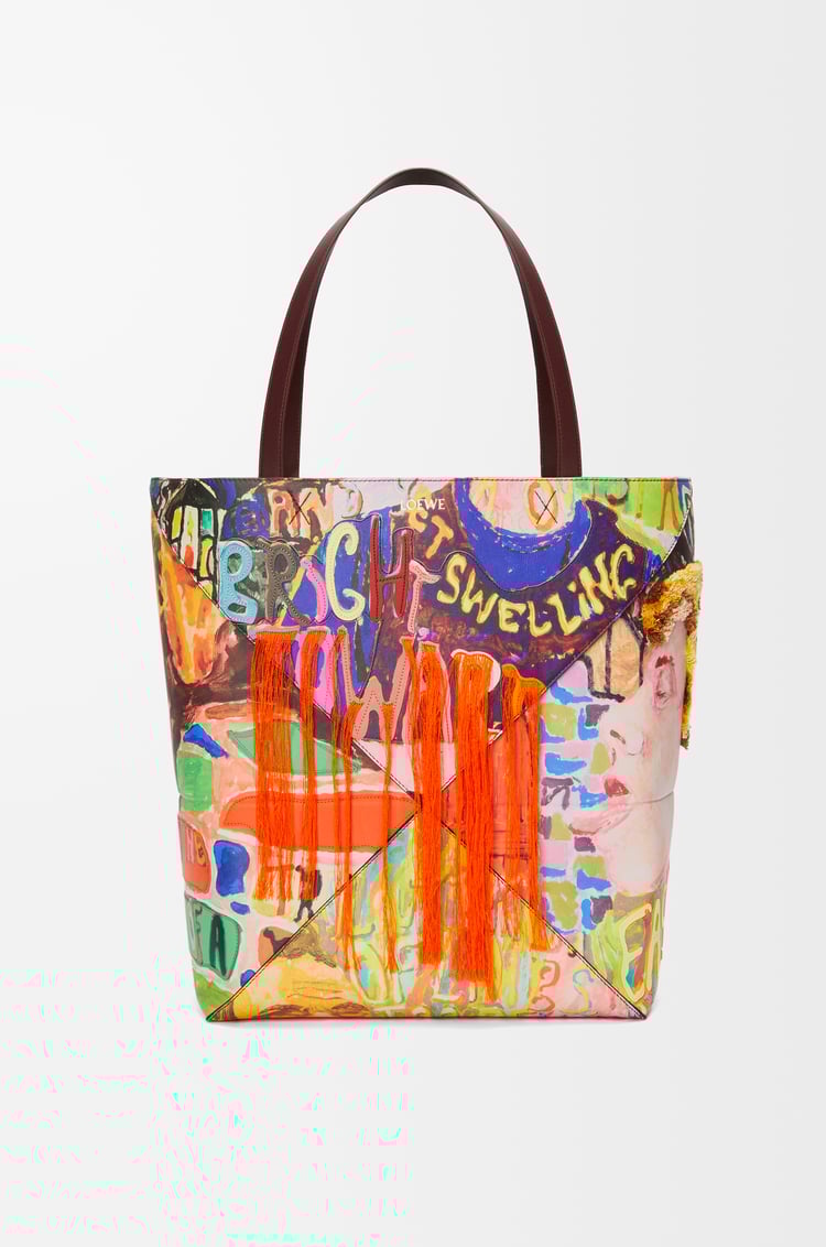 LOEWE XL Puzzle Fold Tote Bag aus klassischem Kalbsleder Dunkles Burgunderrot/Mehrfarbig