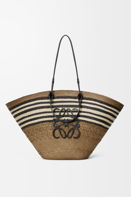 LOEWE Large Anagram basket in iraca palm and calfskin Dark Khaki/Black