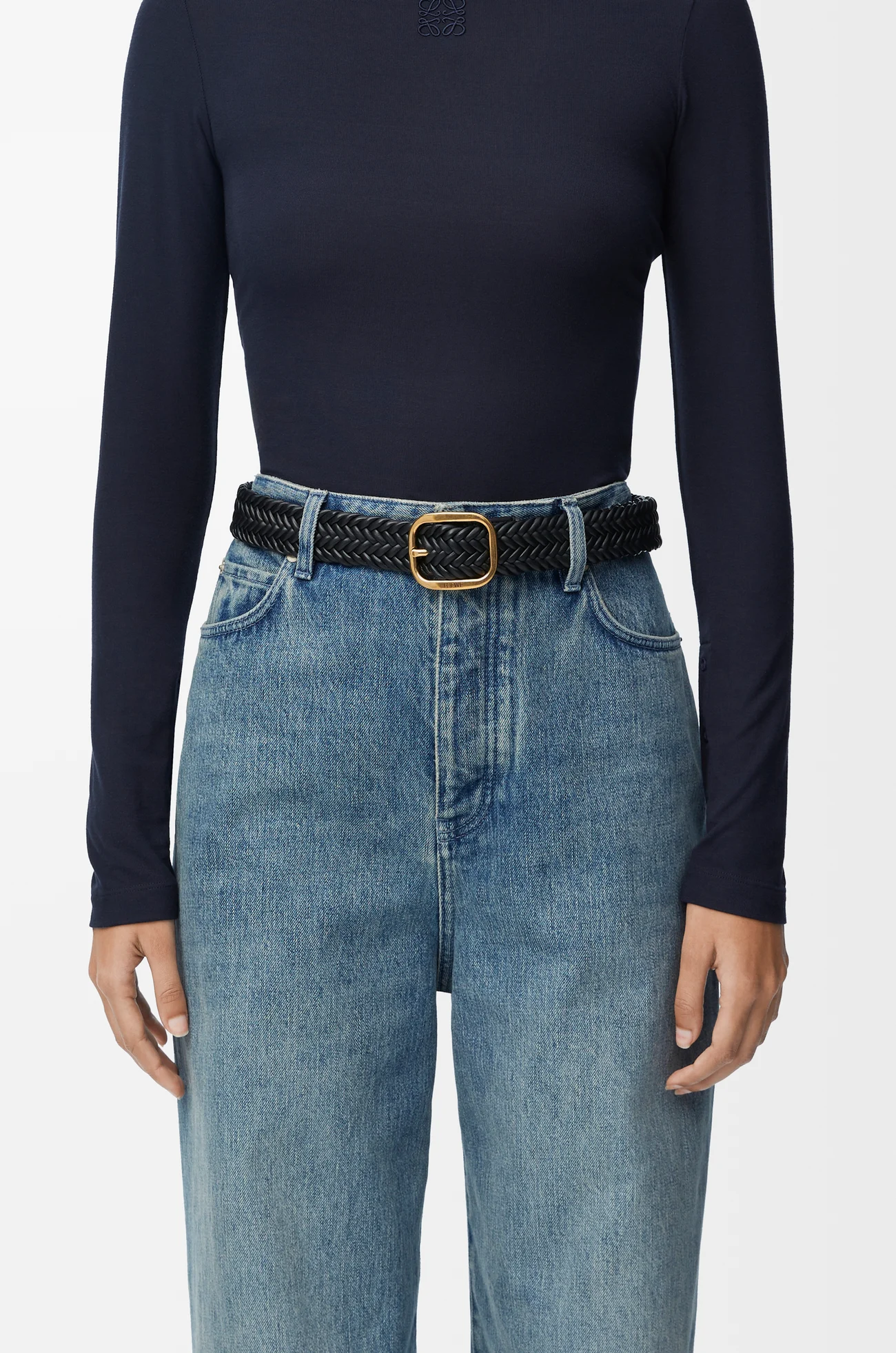 LOEWE ラウンド ソフト ウーブン ベルト（カーフ） ブラック/ゴールド