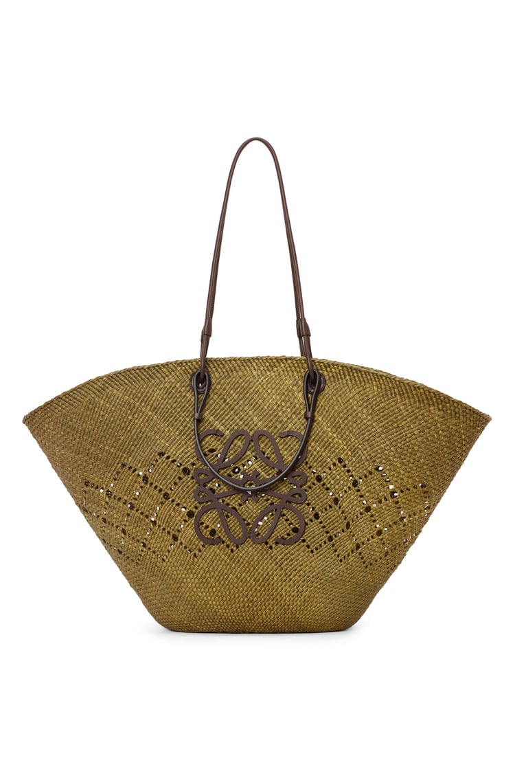 LOEWE Large Anagram Basket bag in iraca palm and calfskin Olive/Chestnut