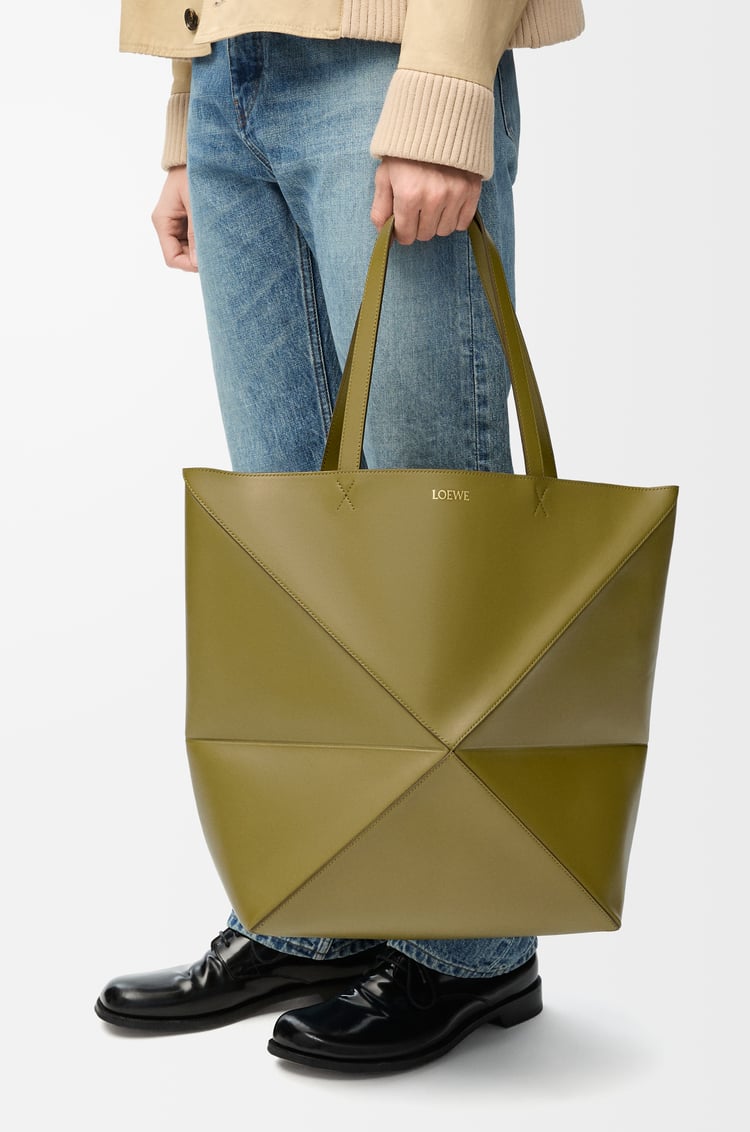 LOEWE XL Puzzle Fold tote in shiny calfskin Olive