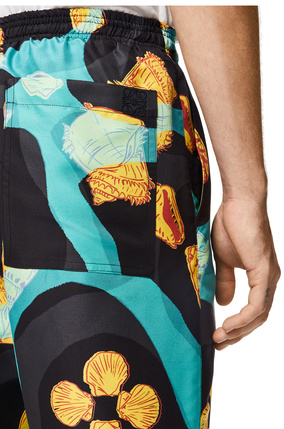 LOEWE Shell print drawstring shorts in silk Black/Turquoise plp_rd