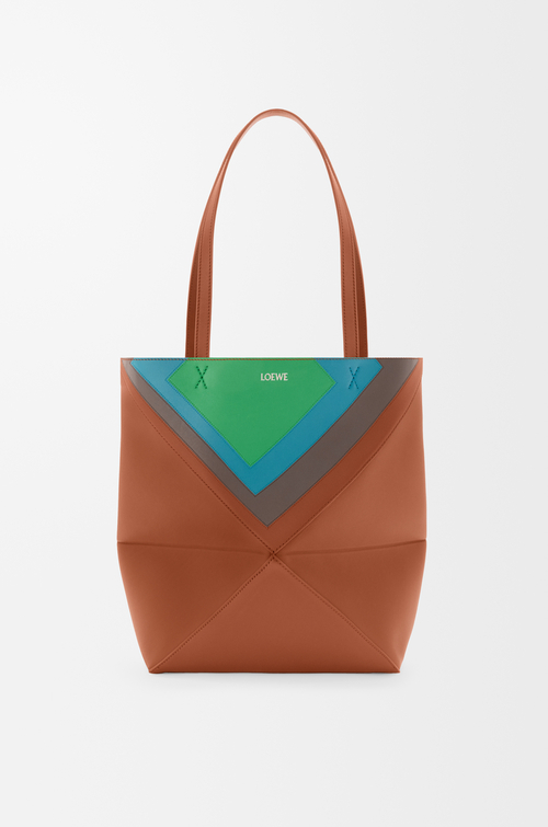 LOEWE 미디엄 퍼즐 폴드 토트 - 나파 카프스킨 캐러멜/브라이트 그린