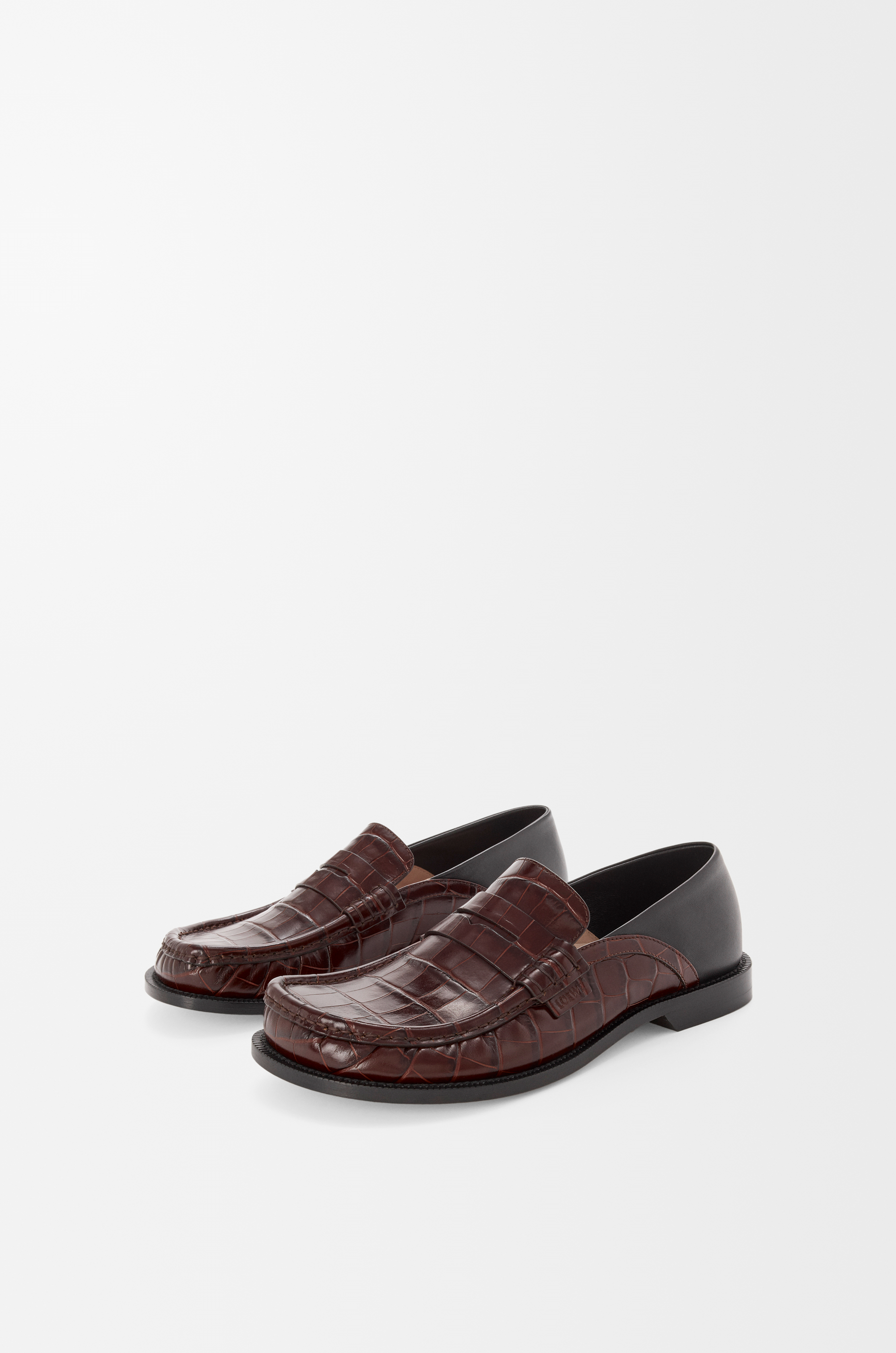 LOEWE Campo flap back loafer in embossed calfskin and nappa lambskin Dark Brown/Black