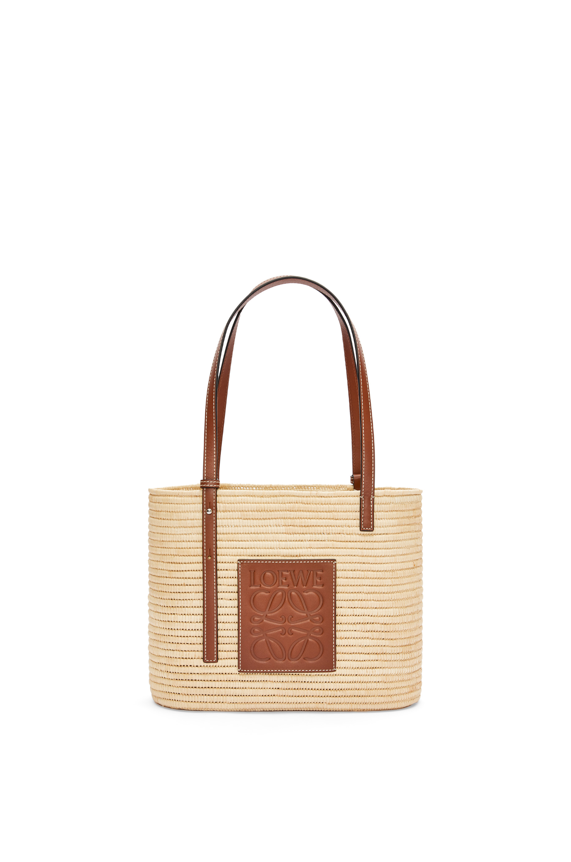Small Square Basket bag in raffia and calfskin Natural/Pecan - LOEWE